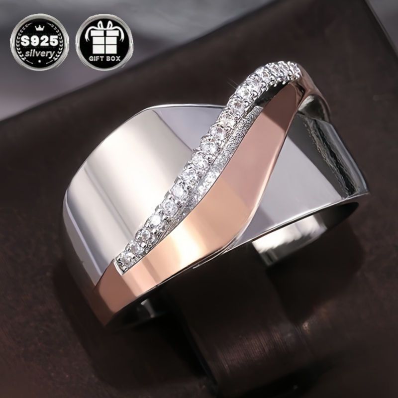 Stylish French-Inspired Wide Band Ring in 925 Sterling Silver with Natural Zirconia - Dual Tone Brushed Finish, Ideal for Valentine's Day, Weddings, and Special Events - A Stunning Anniversary and Engagement Ring, Exquisite Present for Mother's Day and