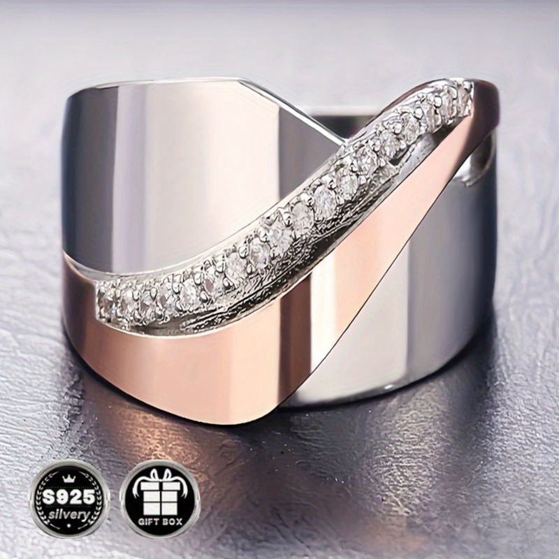 Stylish French-Inspired Wide Band Ring in 925 Sterling Silver with Natural Zirconia - Dual Tone Brushed Finish, Ideal for Valentine's Day, Weddings, and Special Events - A Stunning Anniversary and Engagement Ring, Exquisite Present for Mother's Day and