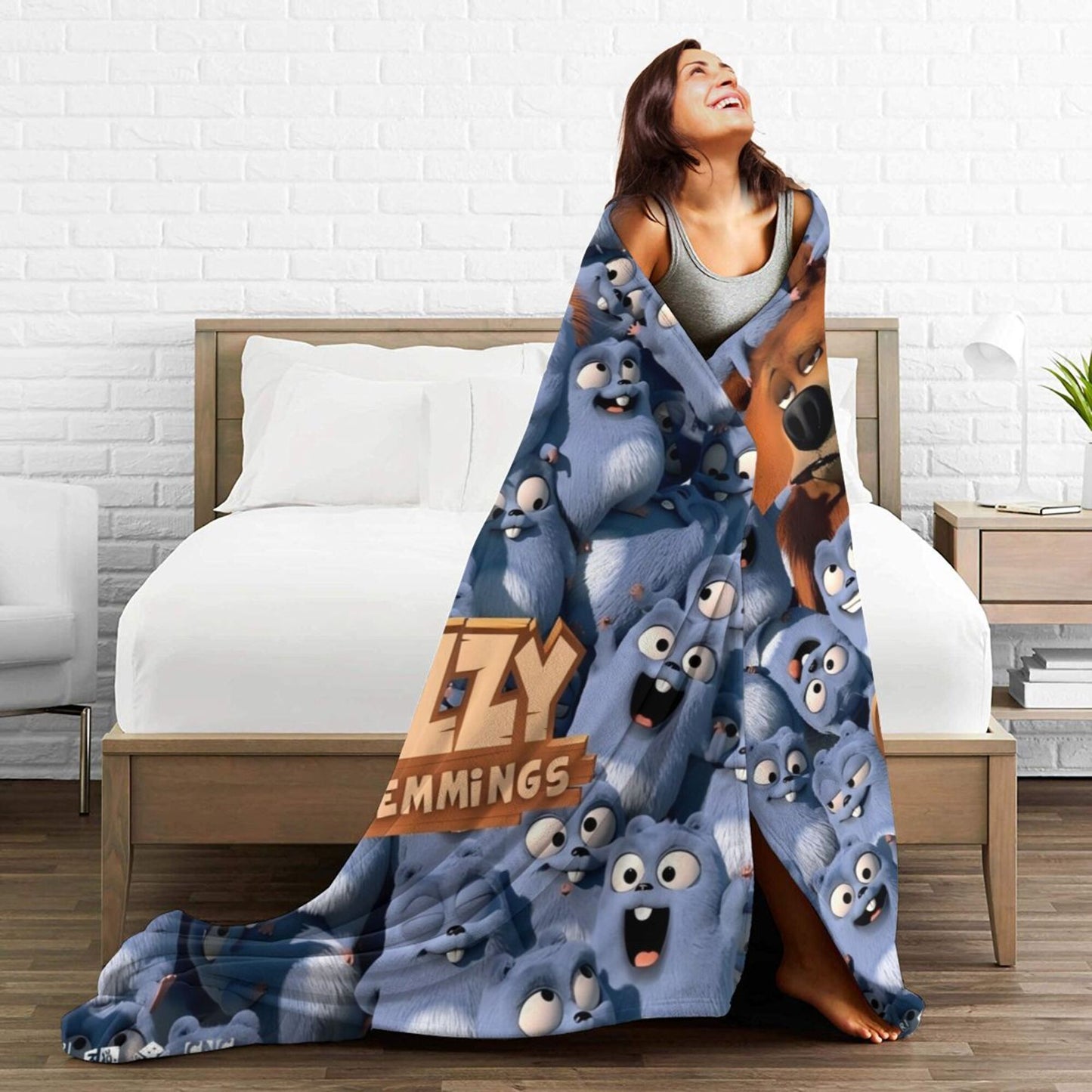 Flannel throw blanket featuring Grizzly & Lemmings anime print made of 100% polyester. This all-season blanket is soft, comfortable, and lightweight, suitable for use on the sofa, office, bed, or during travel. Perfect for gifting, it showcases a