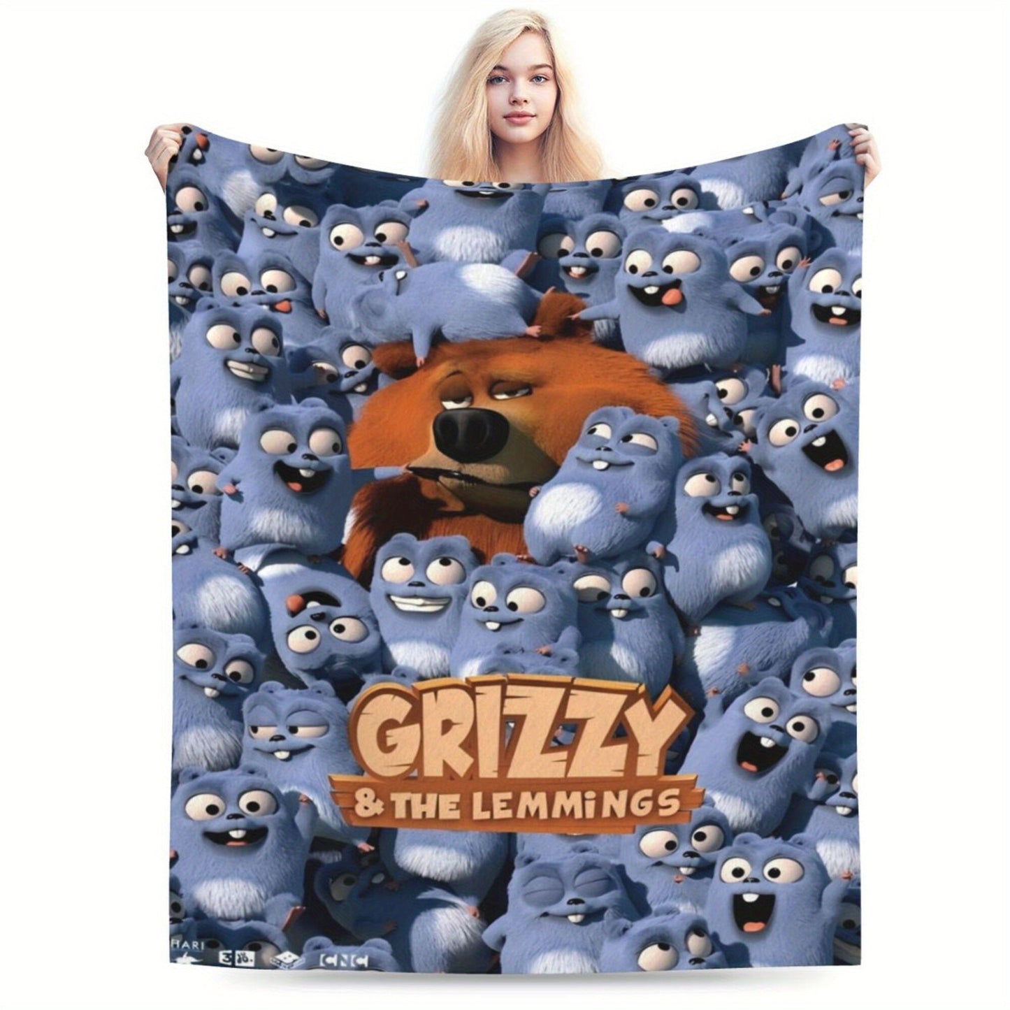 Flannel throw blanket featuring Grizzly & Lemmings anime print made of 100% polyester. This all-season blanket is soft, comfortable, and lightweight, suitable for use on the sofa, office, bed, or during travel. Perfect for gifting, it showcases a