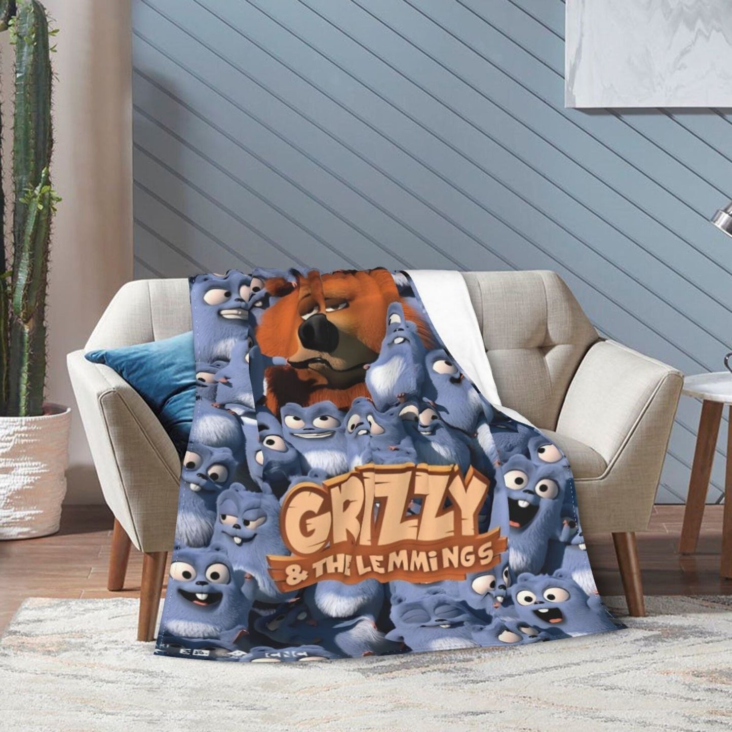 Flannel throw blanket featuring Grizzly & Lemmings anime print made of 100% polyester. This all-season blanket is soft, comfortable, and lightweight, suitable for use on the sofa, office, bed, or during travel. Perfect for gifting, it showcases a