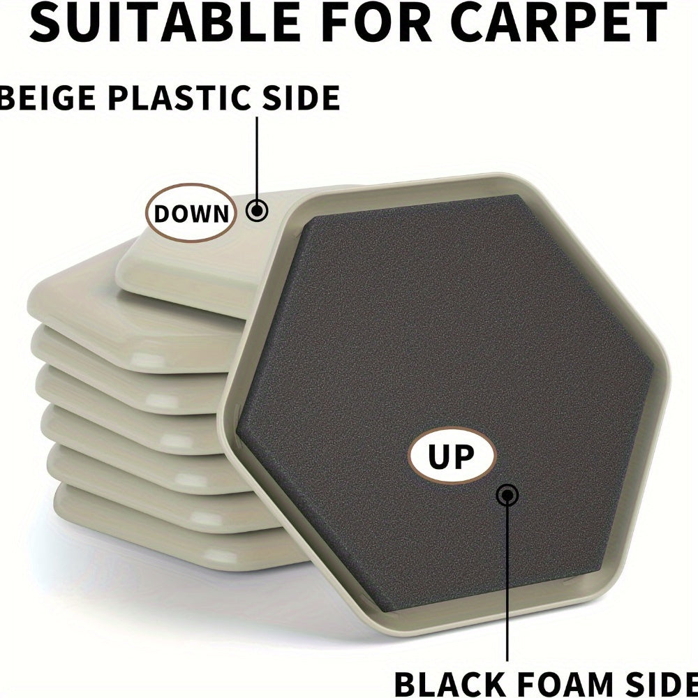 Set of 8 strong furniture sliders - hexagon shaped plastic movers for carpets, can be reused as floor protectors, effortlessly glide furniture feet.