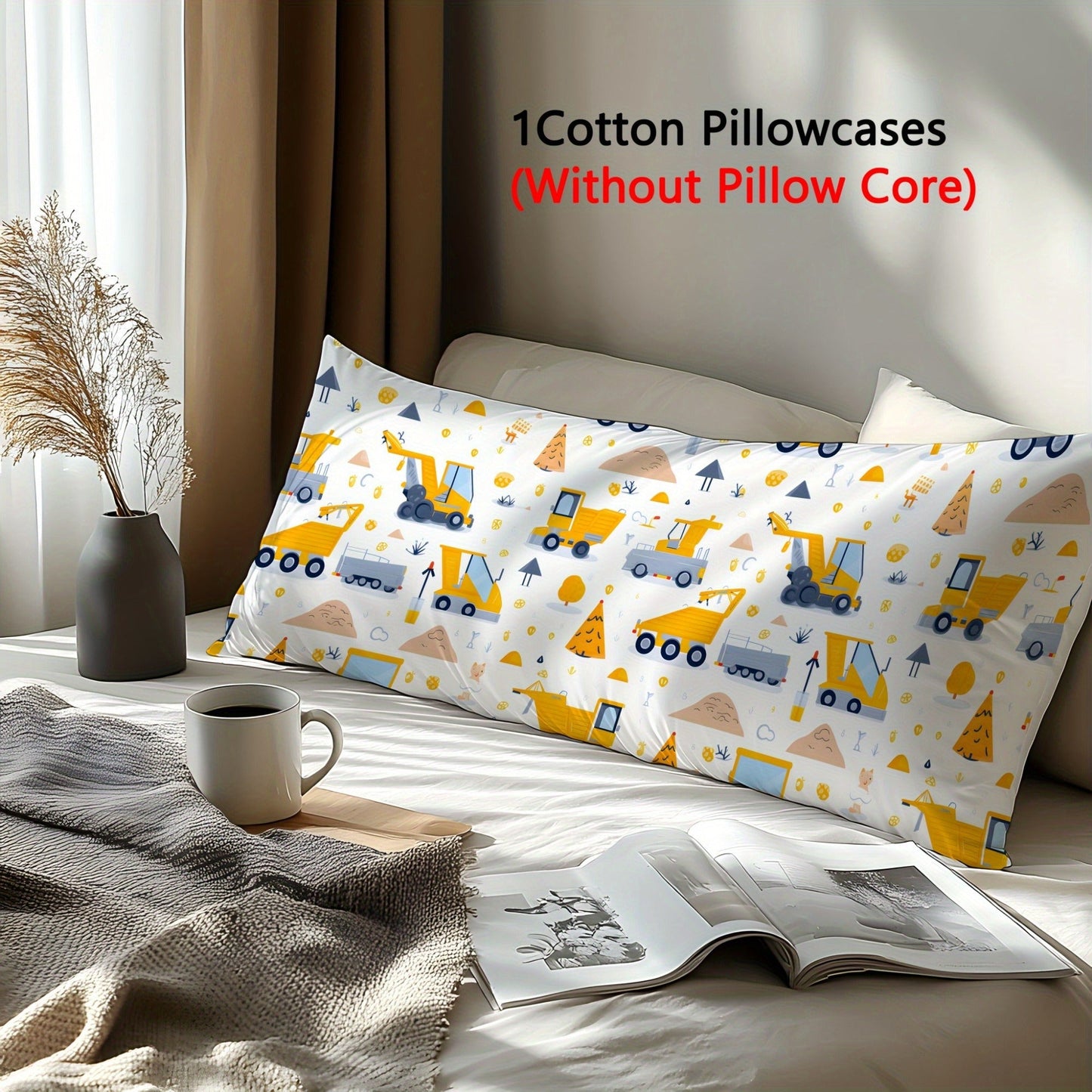 This pillowcase is made from 100% cotton and features a fun cartoon engineering vehicle design. The pattern is created using 3D digital printing on pure natural fiber fabric, making it soft, comfortable, and skin-friendly. It is perfect for use in the