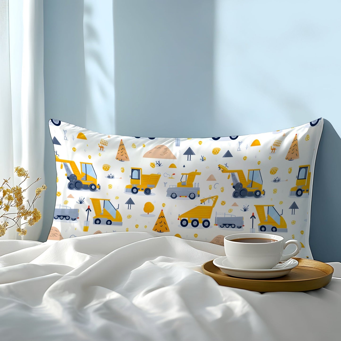 This pillowcase is made from 100% cotton and features a fun cartoon engineering vehicle design. The pattern is created using 3D digital printing on pure natural fiber fabric, making it soft, comfortable, and skin-friendly. It is perfect for use in the