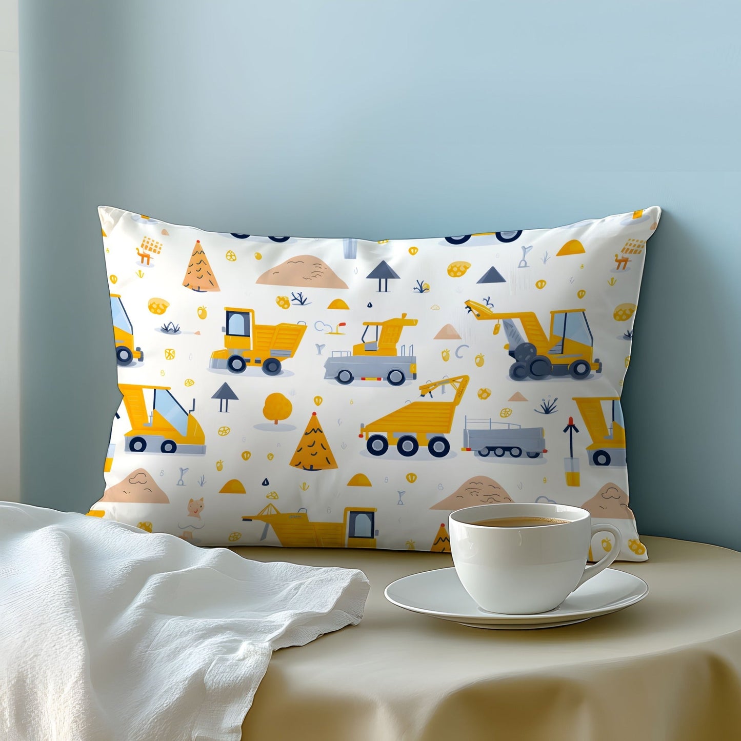 This pillowcase is made from 100% cotton and features a fun cartoon engineering vehicle design. The pattern is created using 3D digital printing on pure natural fiber fabric, making it soft, comfortable, and skin-friendly. It is perfect for use in the