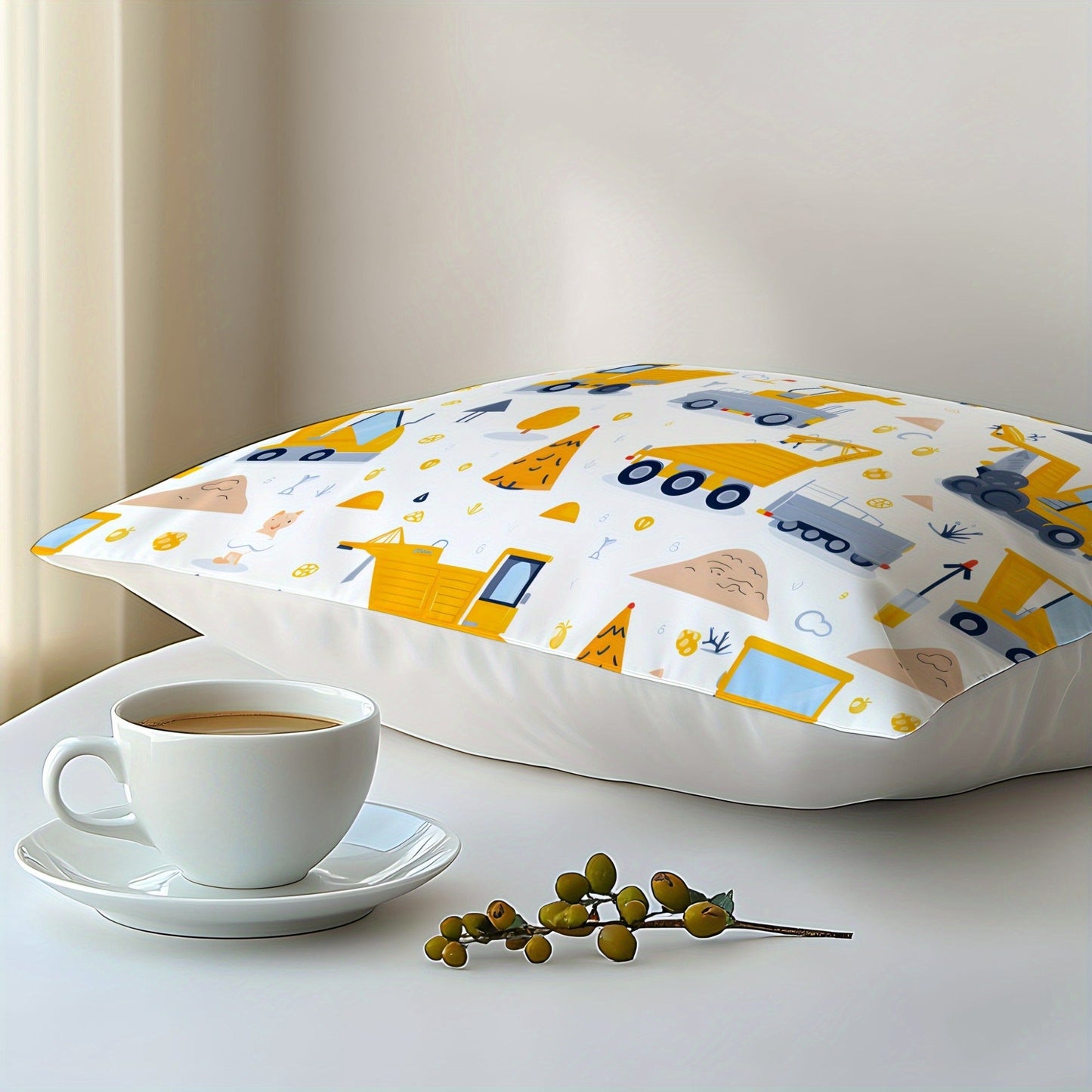 This pillowcase is made from 100% cotton and features a fun cartoon engineering vehicle design. The pattern is created using 3D digital printing on pure natural fiber fabric, making it soft, comfortable, and skin-friendly. It is perfect for use in the