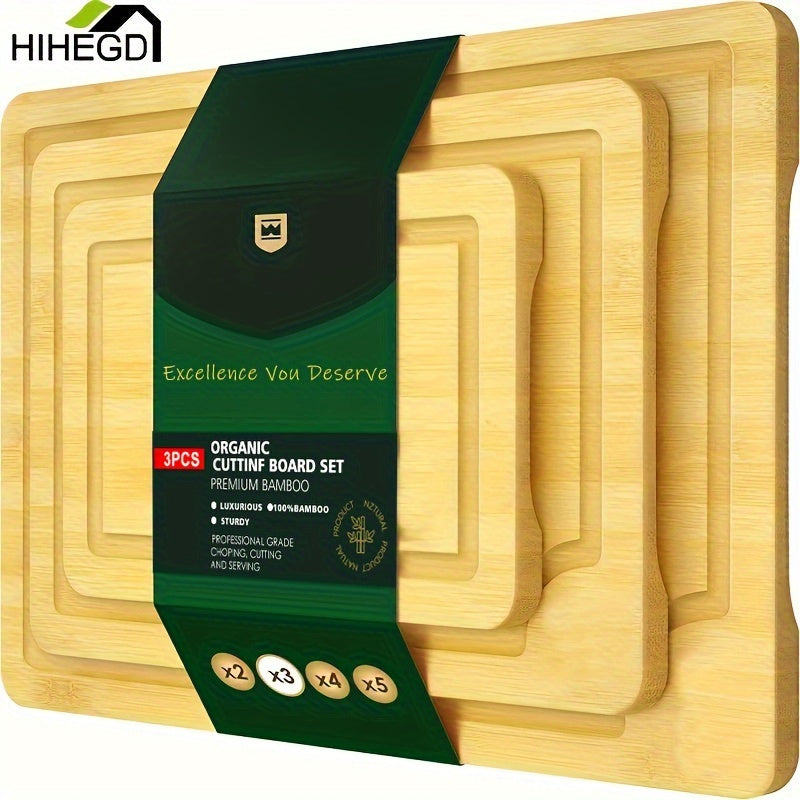 Bamboo Kitchen Cutting Board Set - 3 Piece Set with Juice Groove, Serving Tray, and Easy-to-Hold Handle - Heavy-Duty Cutting Board Ideal for Meat, Vegetables, and More