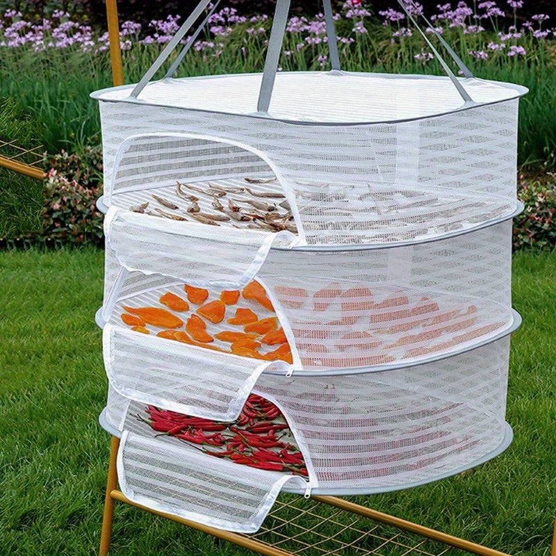 Foldable drying rack with zipper, suitable for herbs, fruits, vegetables, and fish. Made of durable nylon fabric with carry handles, available in 1-3 layers.