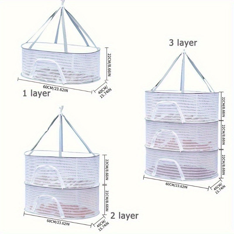 Foldable drying rack with zipper, suitable for herbs, fruits, vegetables, and fish. Made of durable nylon fabric with carry handles, available in 1-3 layers.