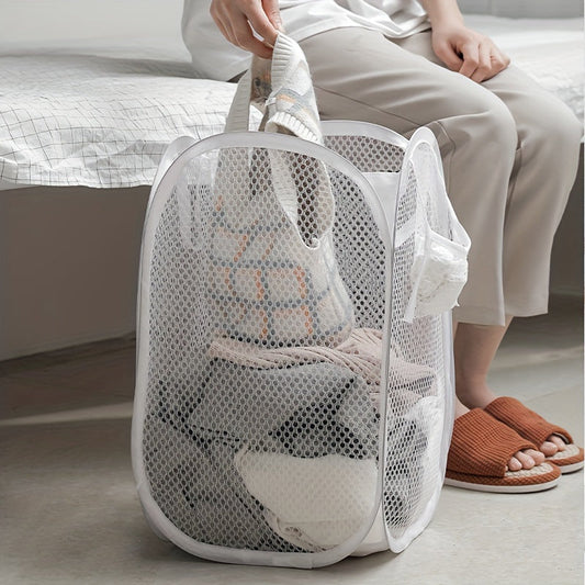 Large Capacity Pop-Up Mesh Laundry Hamper with Handle - Foldable, Classic Style Rectangular Clothes Basket for Use in Bathroom, Bedroom, Dorm - Durable Material Storage Solution for Various Room Types