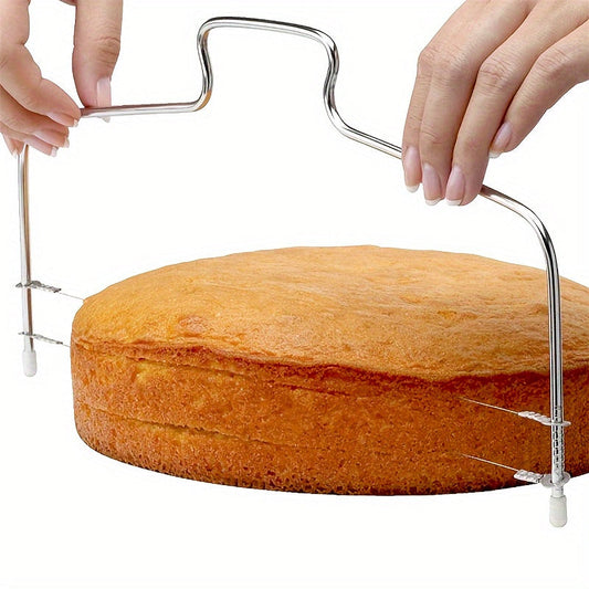 Essential kitchen and restaurant baking accessory: Double wire layered bread knife with groove markings for perfectly even slices. Adjustable stainless steel cake slicer.