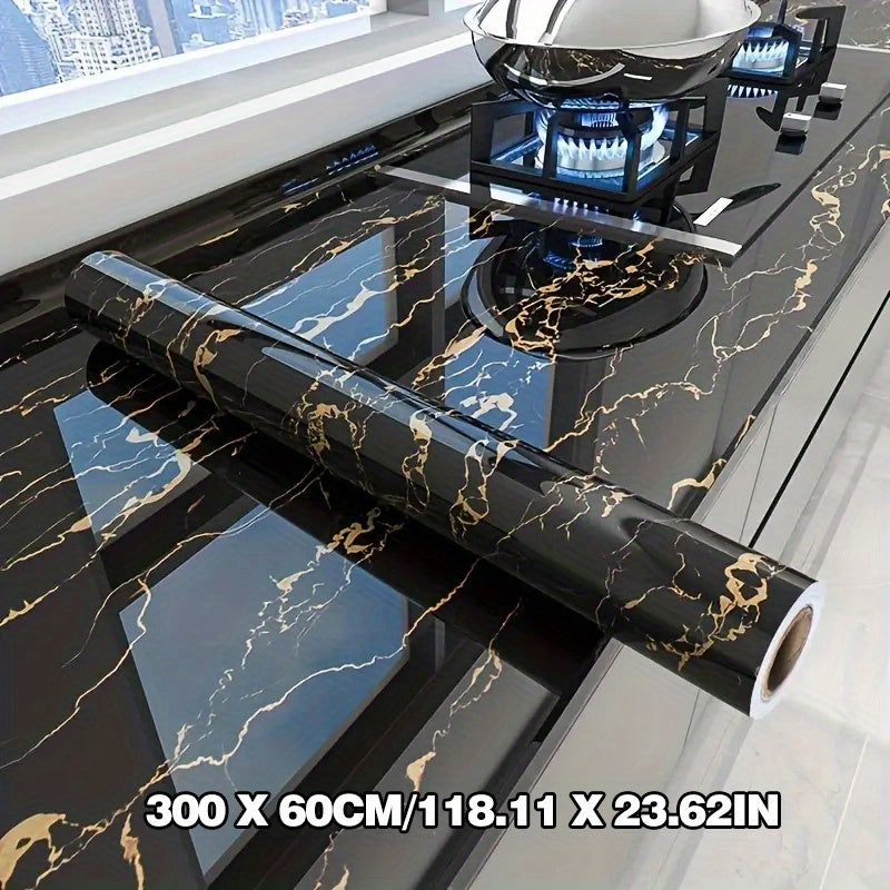 Luxurious black golden marble textured waterproof self-adhesive wallpaper for heat-resistant kitchen wall covering and furniture, tabletop, and room decor renovation. Durable and easy to