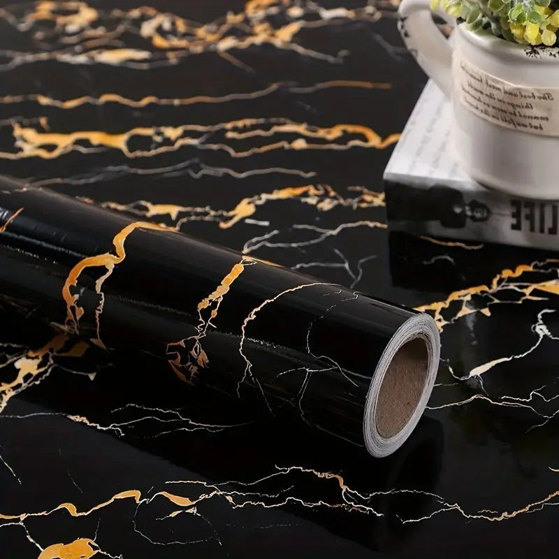 Luxurious black golden marble textured waterproof self-adhesive wallpaper for heat-resistant kitchen wall covering and furniture, tabletop, and room decor renovation. Durable and easy to