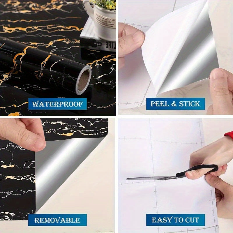 Luxurious black golden marble textured waterproof self-adhesive wallpaper for heat-resistant kitchen wall covering and furniture, tabletop, and room decor renovation. Durable and easy to