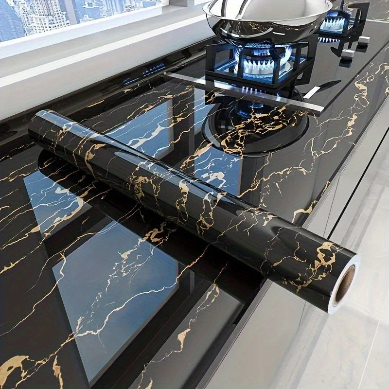 Luxurious black golden marble textured waterproof self-adhesive wallpaper for heat-resistant kitchen wall covering and furniture, tabletop, and room decor renovation. Durable and easy to