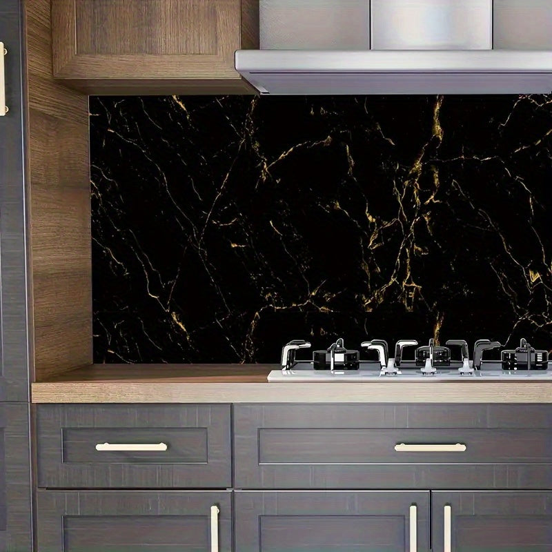 Luxurious black golden marble textured waterproof self-adhesive wallpaper for heat-resistant kitchen wall covering and furniture, tabletop, and room decor renovation. Durable and easy to