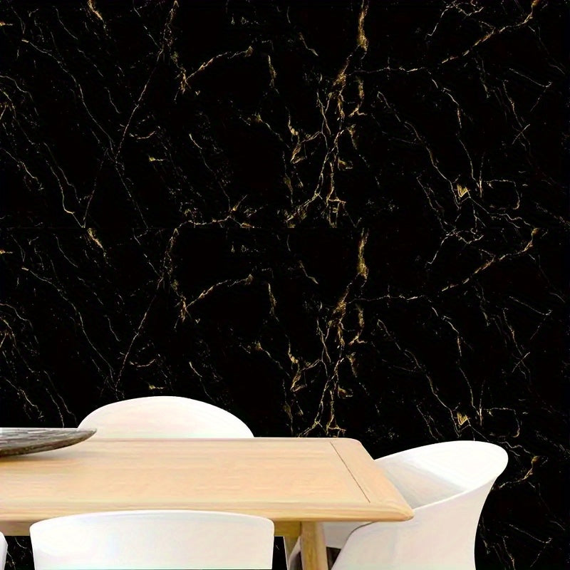 Luxurious black golden marble textured waterproof self-adhesive wallpaper for heat-resistant kitchen wall covering and furniture, tabletop, and room decor renovation. Durable and easy to