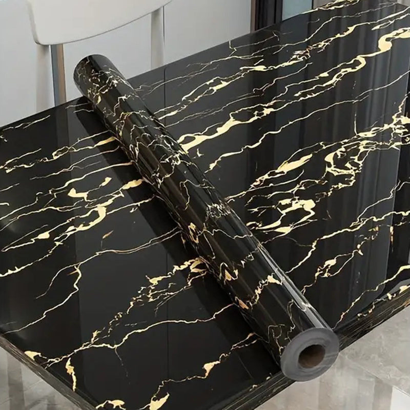 Luxurious black golden marble textured waterproof self-adhesive wallpaper for heat-resistant kitchen wall covering and furniture, tabletop, and room decor renovation. Durable and easy to