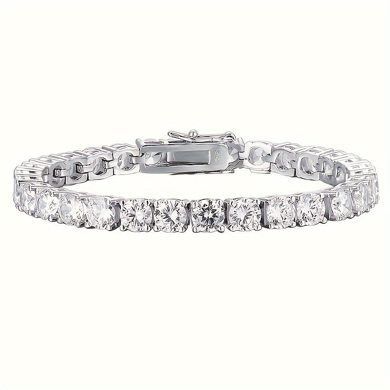 An exquisite 5-carat Moissanite tennis chain bracelet crafted in sterling silver and plated with radiant golden Moissanite. This luxurious piece weighs 0.32 ounces and consists of 50 stunning pieces, each measuring 3 millimeters. A sophisticated and