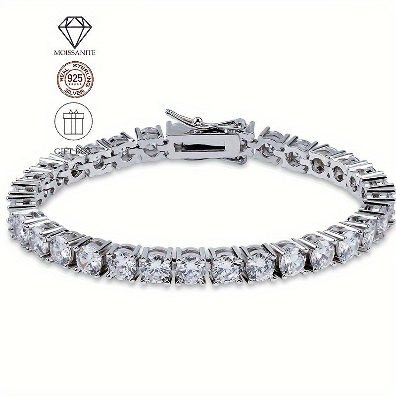 An exquisite 5-carat Moissanite tennis chain bracelet crafted in sterling silver and plated with radiant golden Moissanite. This luxurious piece weighs 0.32 ounces and consists of 50 stunning pieces, each measuring 3 millimeters. A sophisticated and