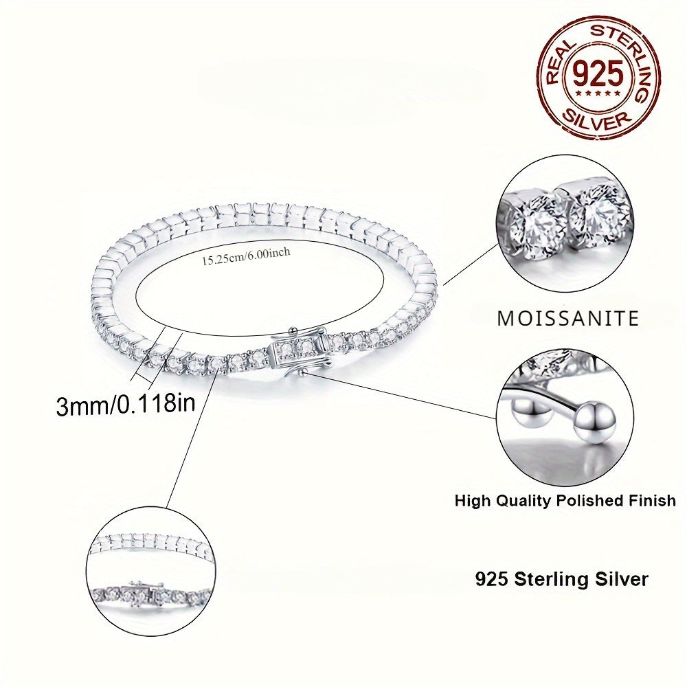 An exquisite 5-carat Moissanite tennis chain bracelet crafted in sterling silver and plated with radiant golden Moissanite. This luxurious piece weighs 0.32 ounces and consists of 50 stunning pieces, each measuring 3 millimeters. A sophisticated and