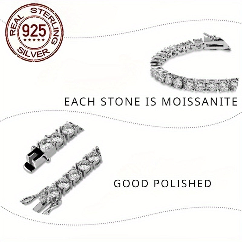 An exquisite 5-carat Moissanite tennis chain bracelet crafted in sterling silver and plated with radiant golden Moissanite. This luxurious piece weighs 0.32 ounces and consists of 50 stunning pieces, each measuring 3 millimeters. A sophisticated and