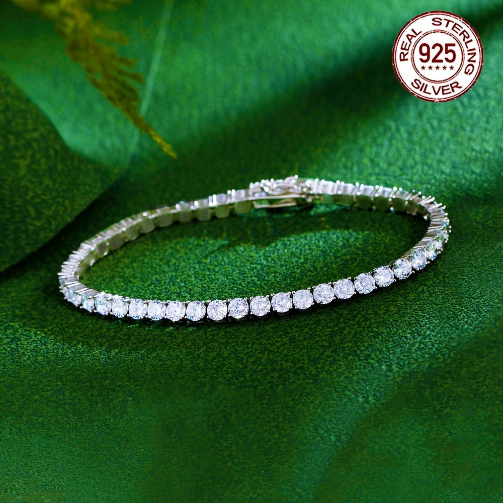 An exquisite 5-carat Moissanite tennis chain bracelet crafted in sterling silver and plated with radiant golden Moissanite. This luxurious piece weighs 0.32 ounces and consists of 50 stunning pieces, each measuring 3 millimeters. A sophisticated and