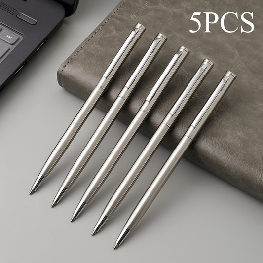 5 sleek silvery stainless steel ballpoint pens with medium point and twist action - ideal for business and office use, school supplies.