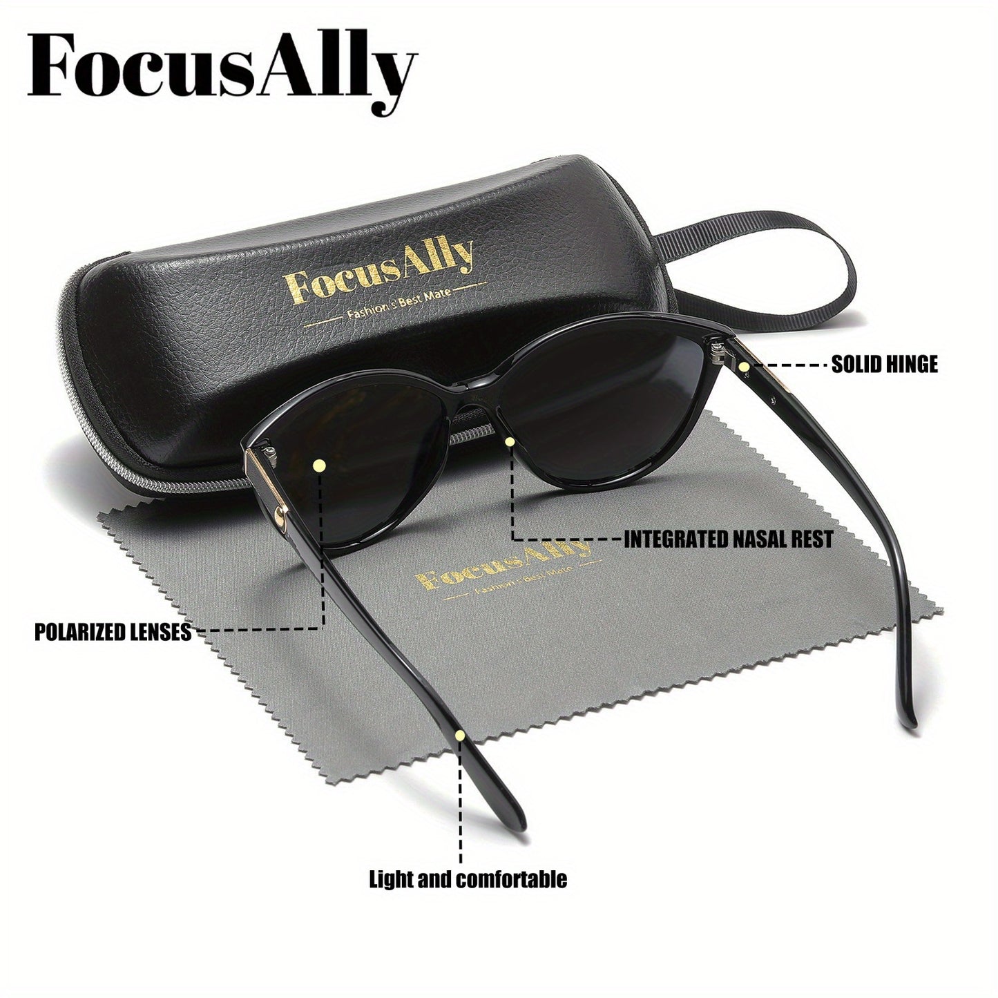 FocusAlly Women's Retro Cat Eye Polarized Fashion Glasses in Black with Red Accents, includes Protective Case & Cloth.