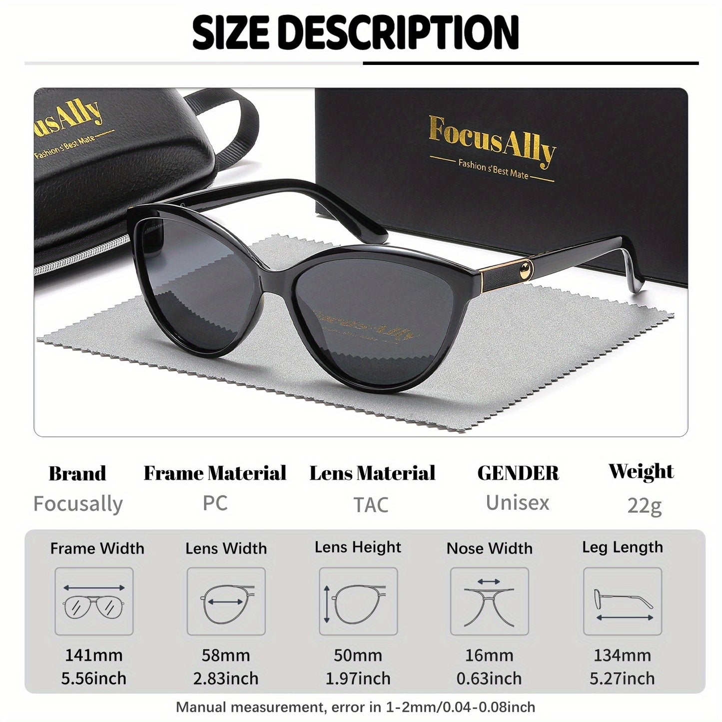 FocusAlly Women's Retro Cat Eye Polarized Fashion Glasses in Black with Red Accents, includes Protective Case & Cloth.