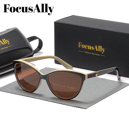 FocusAlly Women's Retro Cat Eye Polarized Fashion Glasses in Black with Red Accents, includes Protective Case & Cloth.