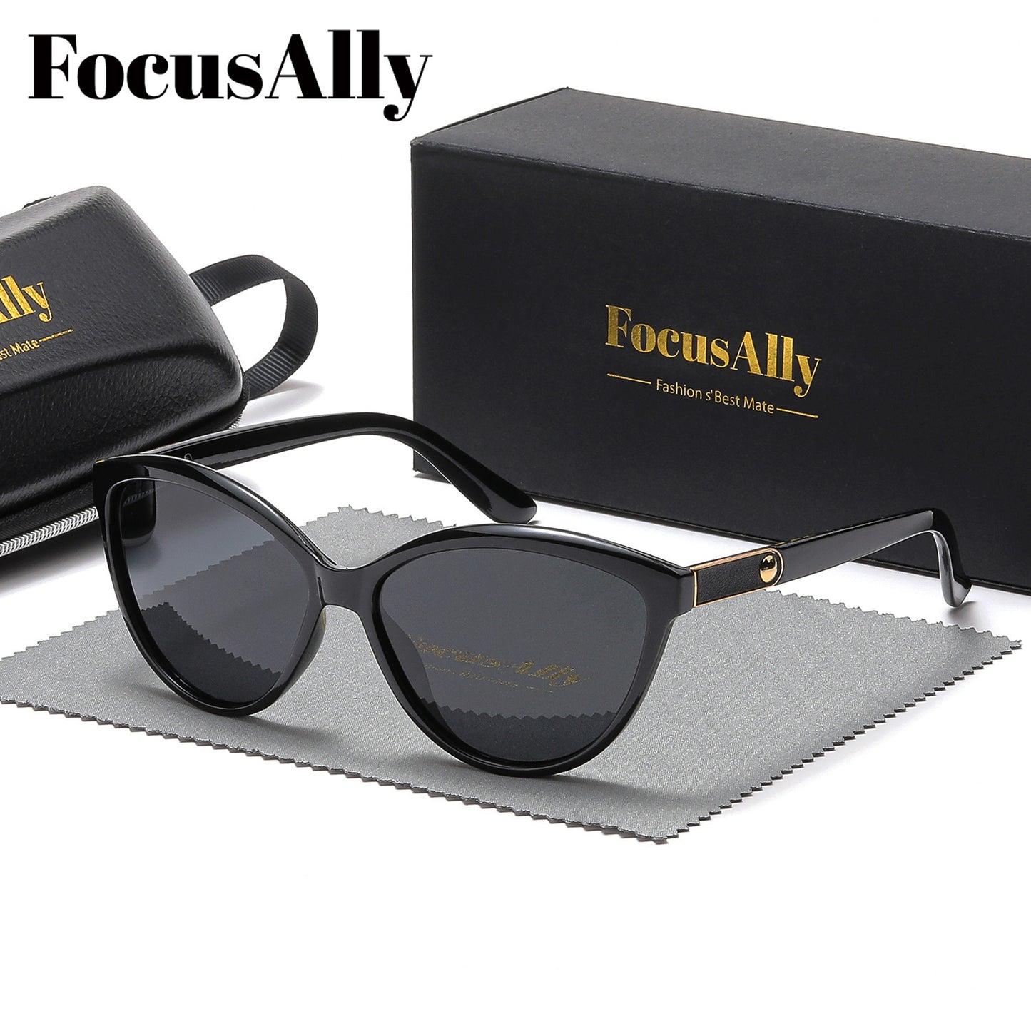 FocusAlly Women's Retro Cat Eye Polarized Fashion Glasses in Black with Red Accents, includes Protective Case & Cloth.