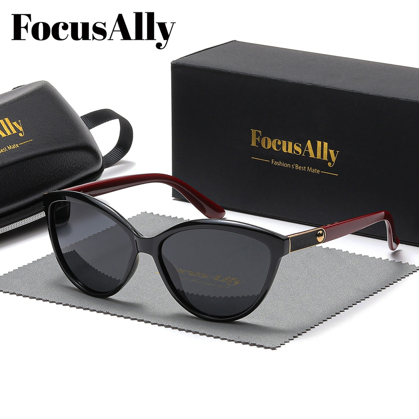 FocusAlly Women's Retro Cat Eye Polarized Fashion Glasses in Black with Red Accents, includes Protective Case & Cloth.