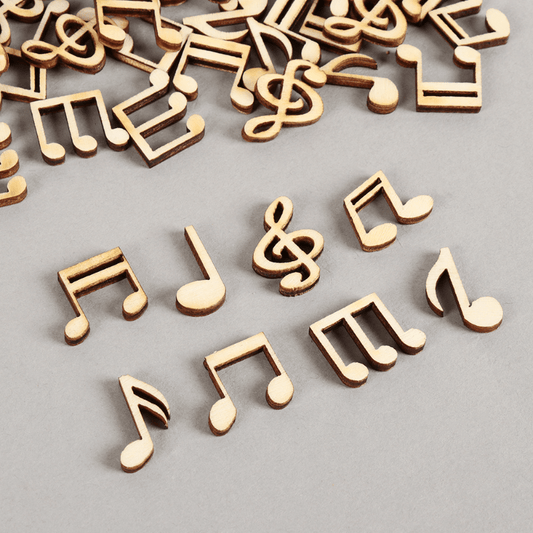 100 wooden music notes cutouts for scrapbooking, crafting, and home decor in beige/tawny color.