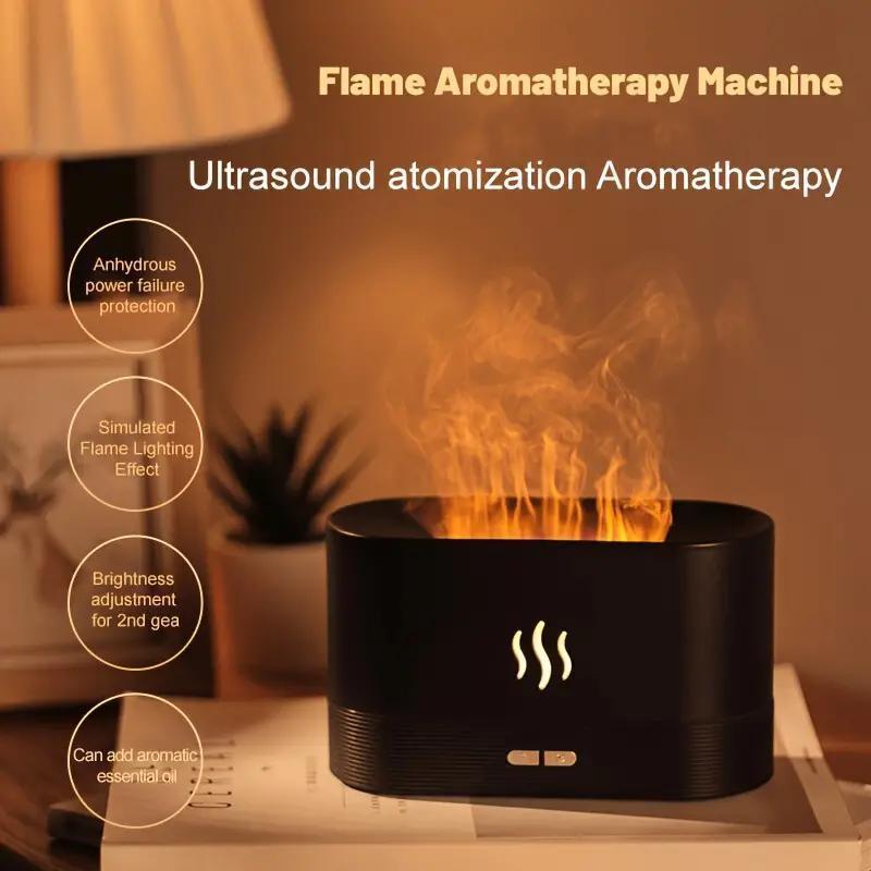 USB-powered, flame effect aromatherapy diffuser with soundwave technology, night light, and safety auto shut-off for home and office use.