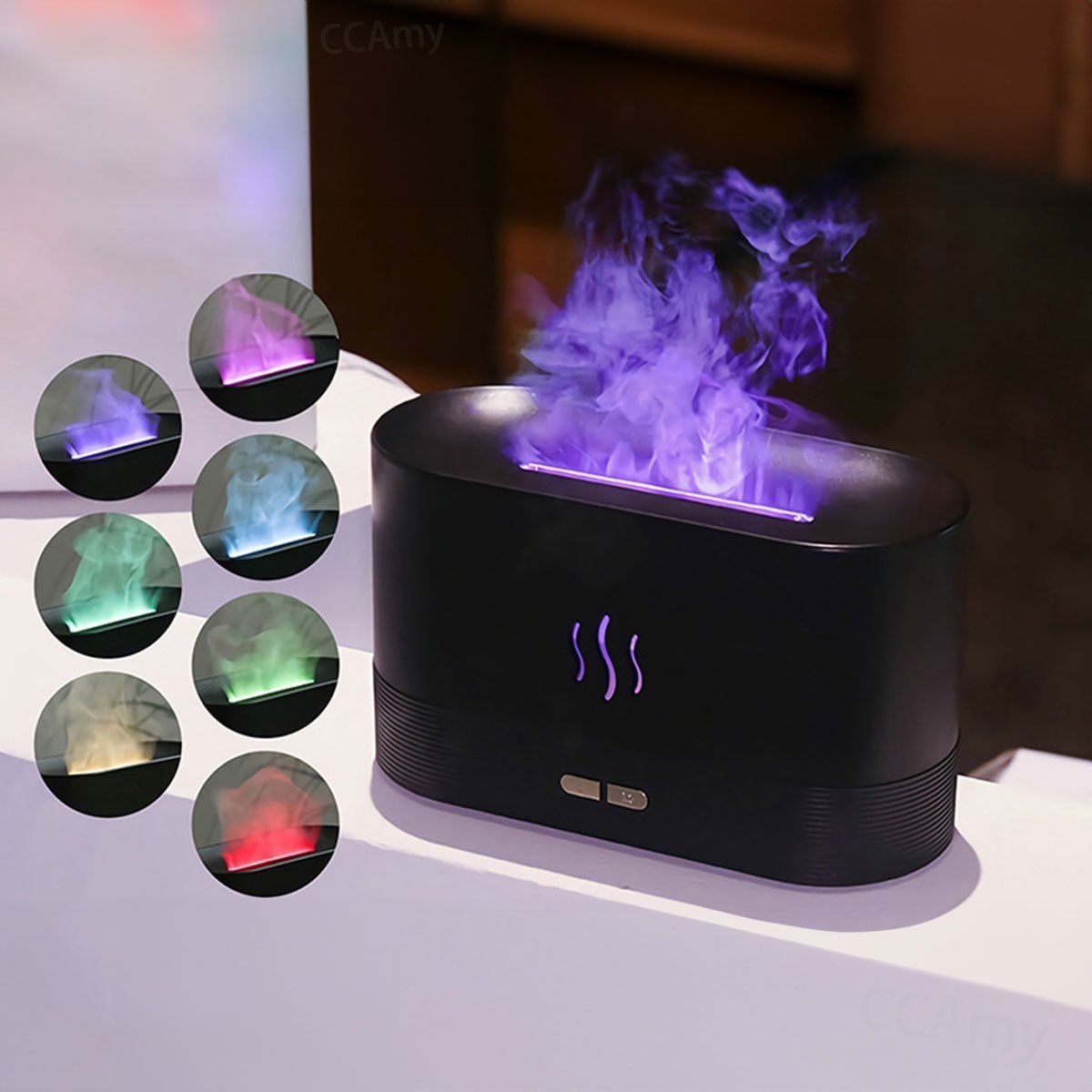 USB-powered, flame effect aromatherapy diffuser with soundwave technology, night light, and safety auto shut-off for home and office use.