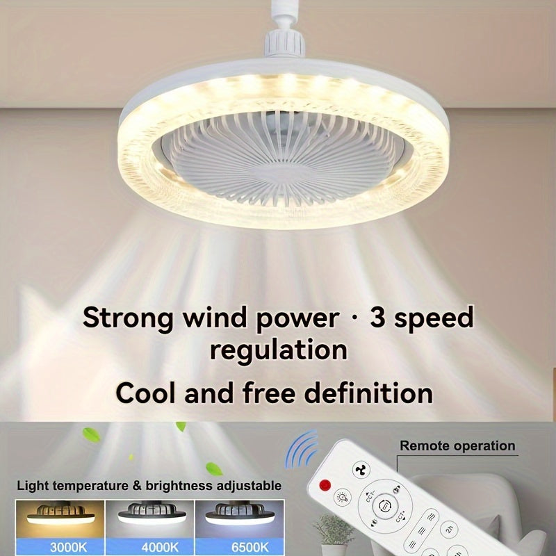 Compact 360° ceiling fan with remote control, 50W three-speed wind, 3 colors dimmable LED light. Suitable for bedrooms, kitchens, storage rooms, and closets. White, E26 light socket with