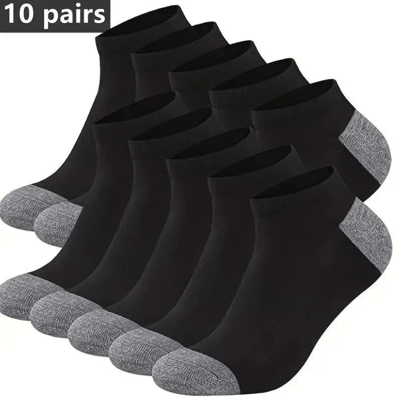 10 Pairs Men's Soft Polyester Ankle Socks - Breathable knit fabric for all seasons, ideal for athletic and outdoor activities, sweat-resistant.