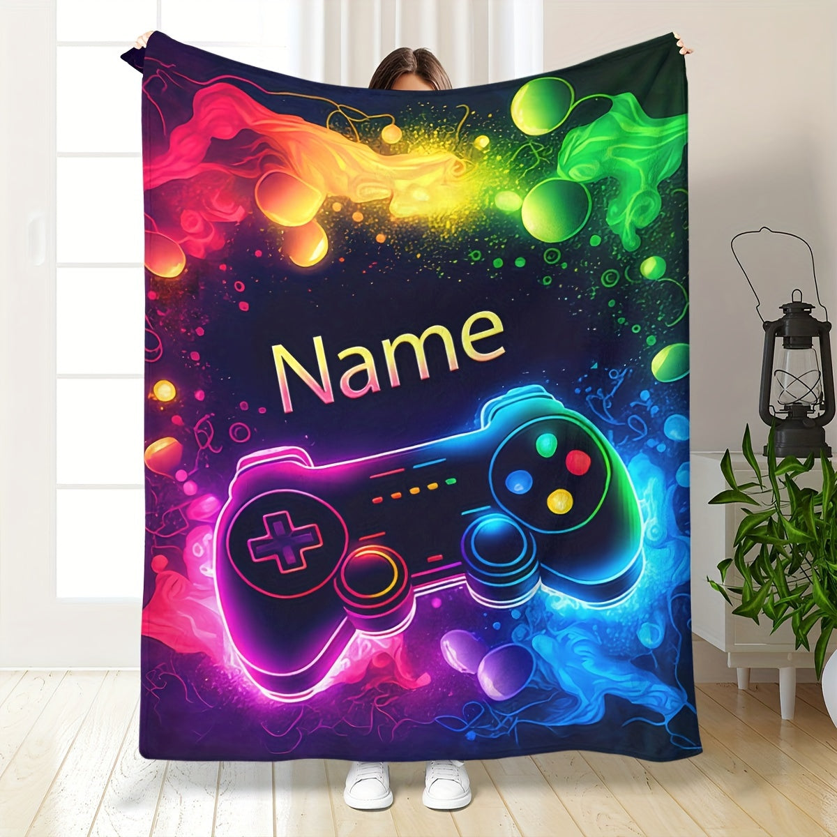 Stay warm and cozy with the 1pc CozyCraft Customizable Gaming Controller Pattern Throw Blanket. Made from lightweight flannel, this blanket is soft, warm, and allergy-free. With a digital print design, this versatile blanket is perfect for using on the