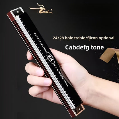 28-Hole Double-Row Harmonica with Brass Reeds - Polished Metal Surface, Includes Case - Ideal for Musicians and Students.