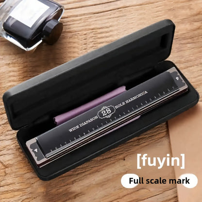 28-Hole Double-Row Harmonica with Brass Reeds - Polished Metal Surface, Includes Case - Ideal for Musicians and Students.