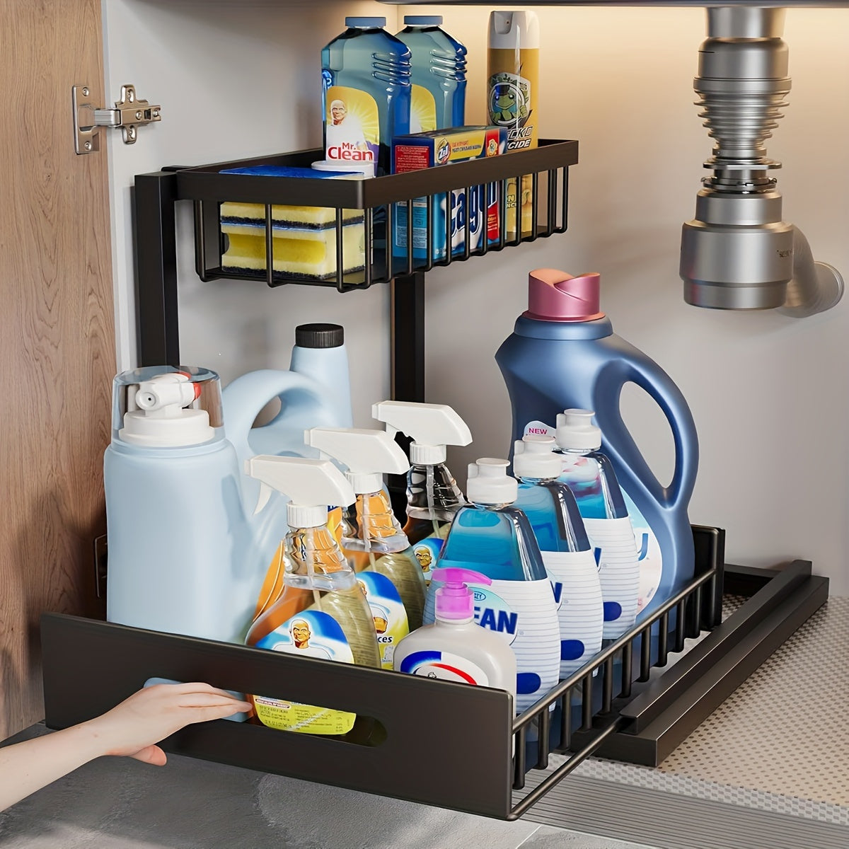 Durable Metal 2-Tier Under Sink Organizer with Slide-Out Storage Rack, Pull-Out Drawer for Kitchen Cabinet, Pantry, Bathroom, and Closet - No Power Needed.