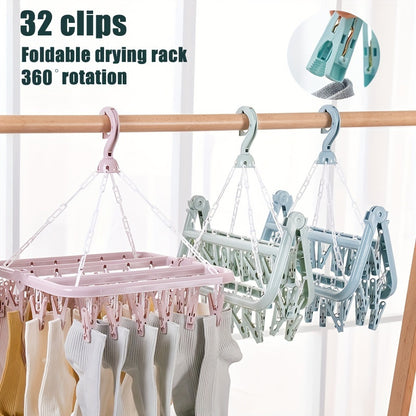 Compact 32-clip Folding Hanger for Laundry & Delicates - Strong Plastic Organizer