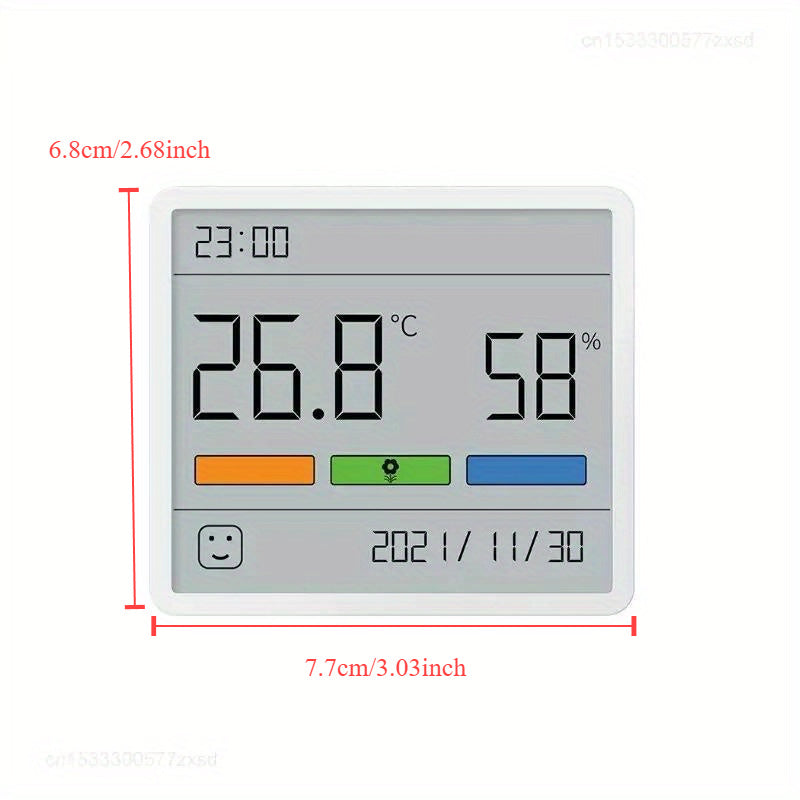 Single piece digital indoor thermometer hygrometer with LCD electronic weather station, clock, and battery-operated (button cell) with a maximum voltage of 3.6V.