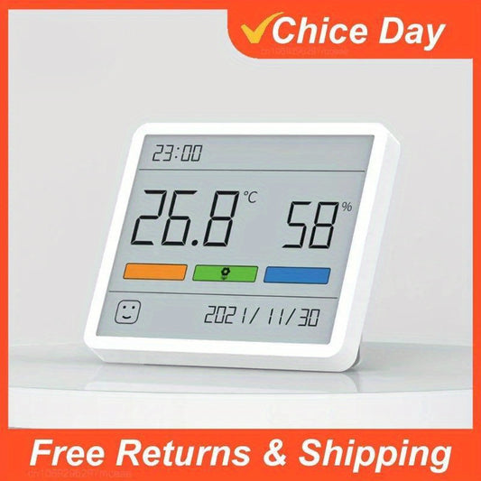 Single piece digital indoor thermometer hygrometer with LCD electronic weather station, clock, and battery-operated (button cell) with a maximum voltage of 3.6V.