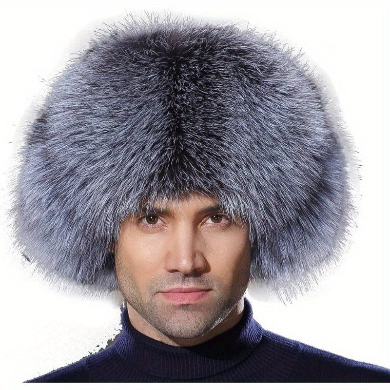 Luxurious Men's faux fur trapper hat with bomber style, fluffy fur trim, Russian ushanka design. Handwash/dry clean, polyester lining for winter comfort.