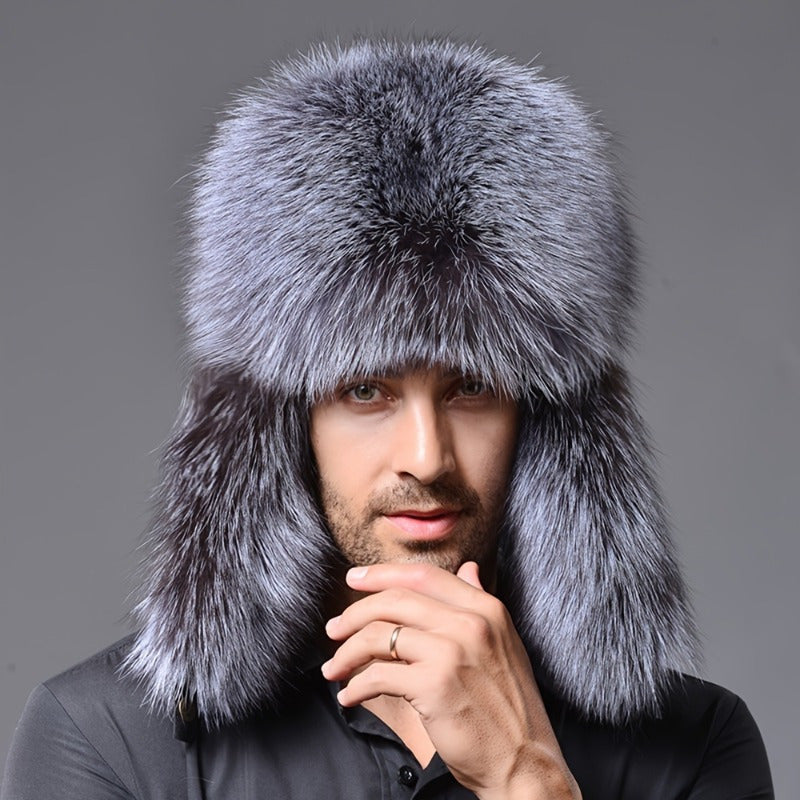 Luxurious Men's faux fur trapper hat with bomber style, fluffy fur trim, Russian ushanka design. Handwash/dry clean, polyester lining for winter comfort.