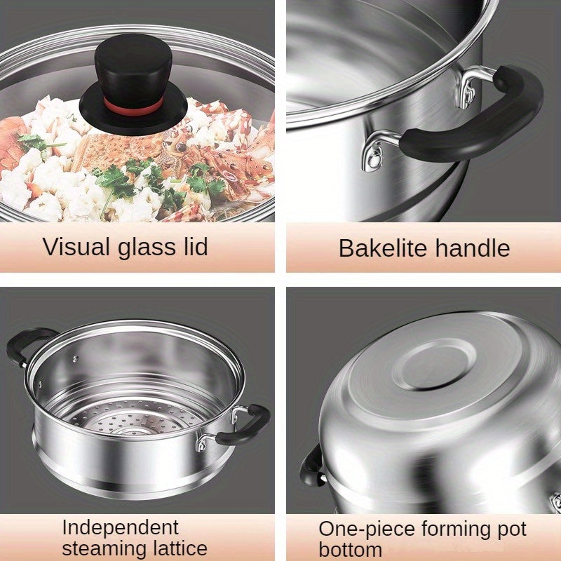 This multi-functional cooking pot is made of durable stainless steel and can be used for various cooking tasks such as making soup, steaming seafood, cooking noodles, and boiling milk. It is suitable for use on induction cookers and gas stoves, making it