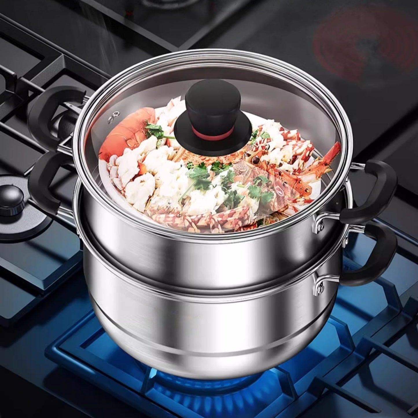 This multi-functional cooking pot is made of durable stainless steel and can be used for various cooking tasks such as making soup, steaming seafood, cooking noodles, and boiling milk. It is suitable for use on induction cookers and gas stoves, making it