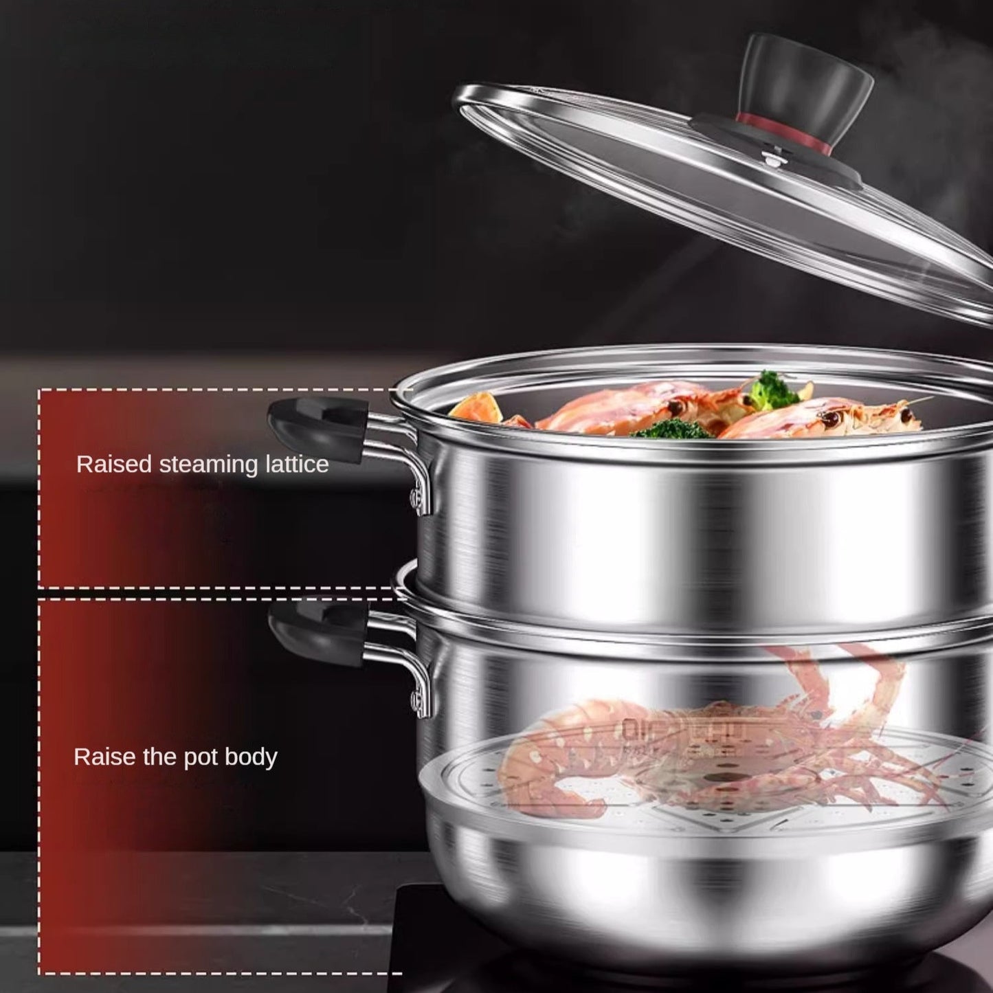 This multi-functional cooking pot is made of durable stainless steel and can be used for various cooking tasks such as making soup, steaming seafood, cooking noodles, and boiling milk. It is suitable for use on induction cookers and gas stoves, making it